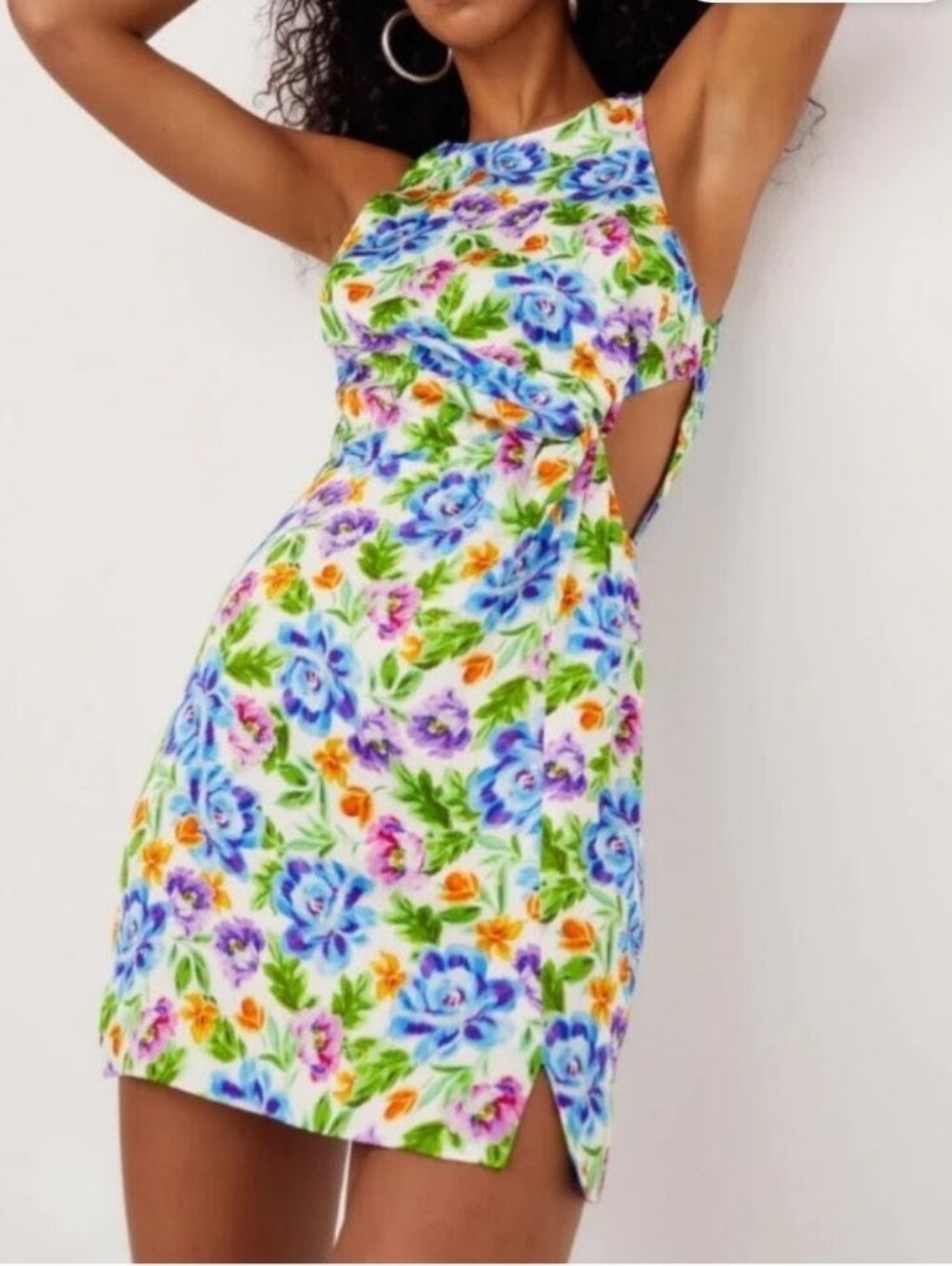 FOR LOVE & LEMONS Lucy Blue Floral Halter Open Back Side Twist Cutout Mini Dress